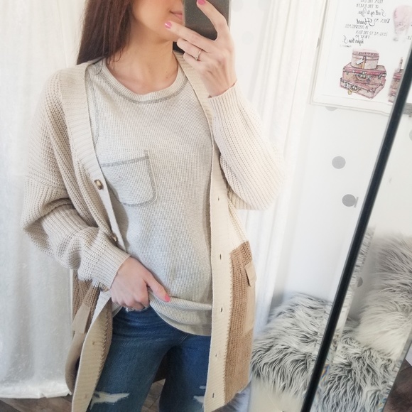 Knit Fall Neutral Cardigan Taupe Color Block Long Pocket Cardigan - Picture 7 of 11